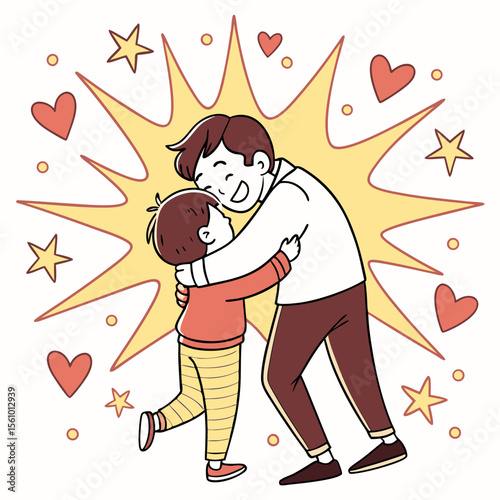 Father and child embracing with comic explosion and hearts embrace love