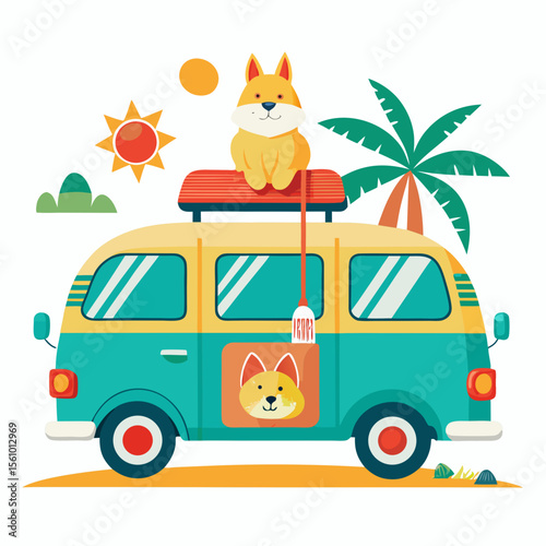 Adorable corgi dog on teal yellow van with surfboards and palm tree travel