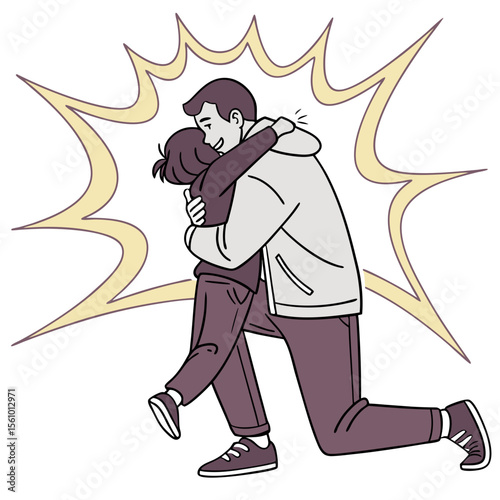 Father embracing child with comic explosion effect embrace