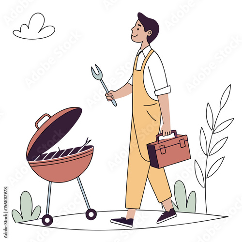Man with grill and tools preparing for barbecue wrench