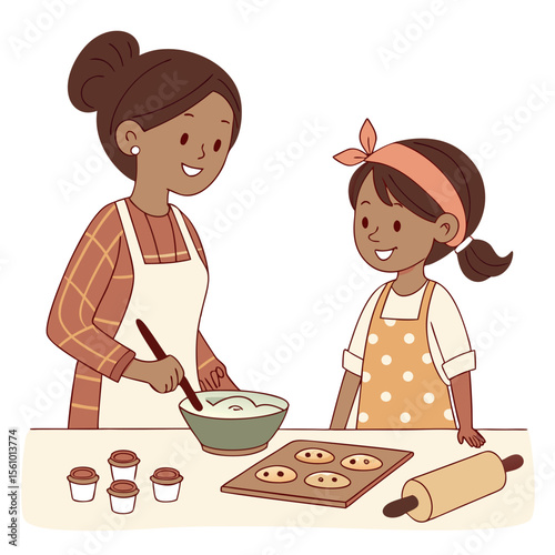 Sisters baking cookies together with ingredients and tools dough bowl
