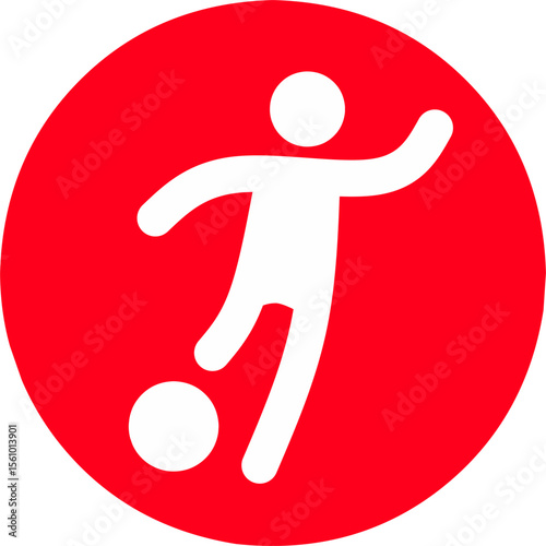 Soccer or football player will kick the ball. Red icon. Fit for tournament or competition logo sign symbol.