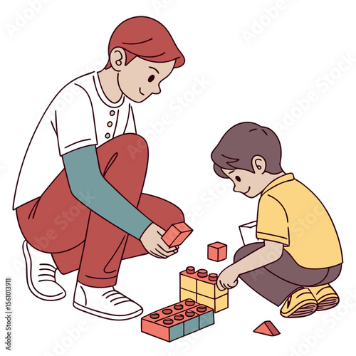Boys building with colorful blocks together siblings playing