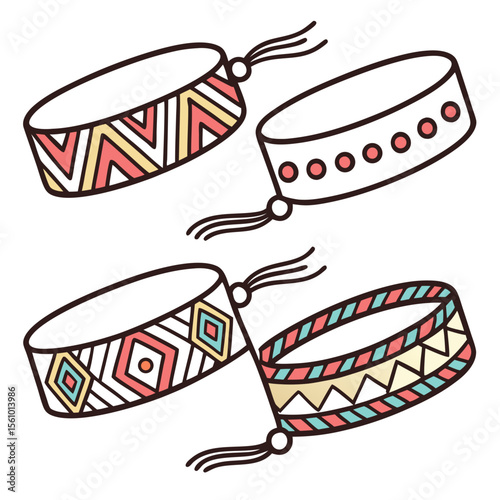 Colorful woven friendship bracelets with tassels patterned geometric