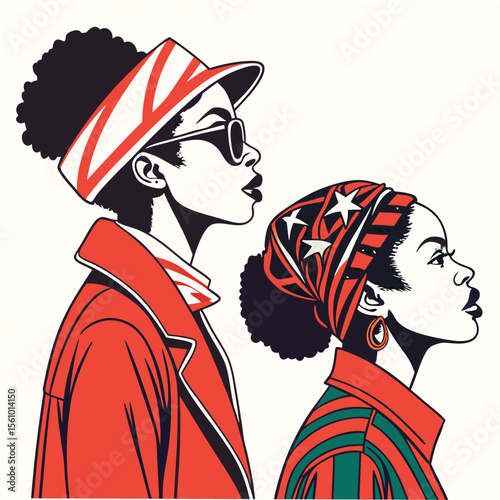 Bold women with afro hairstyles and vibrant clothing fashion retro
