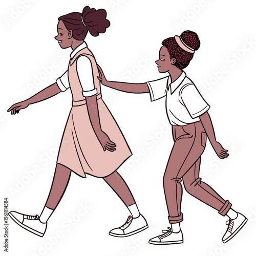 Sisters walking together in matching outfits synchronized friendship
