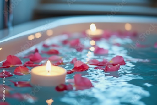 A luxury bath with candles and rose petals