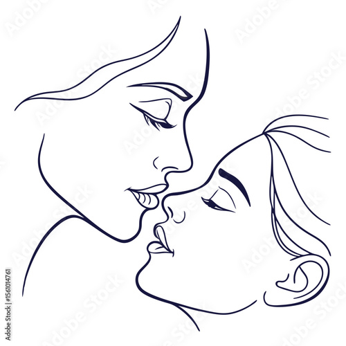 Minimalist continuous line art of a passionate kiss between two people romance