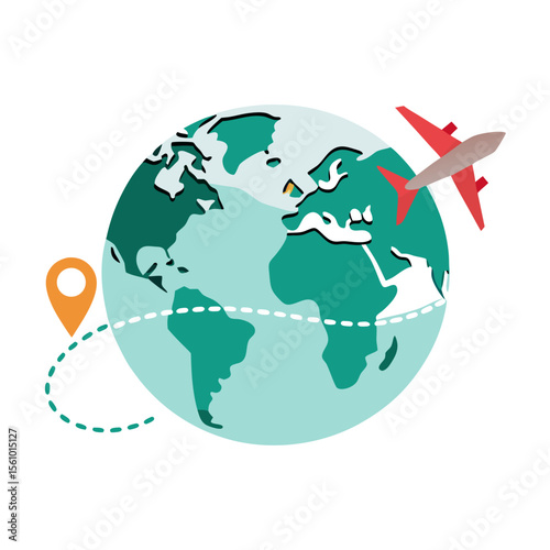 Airplane traveling around the world with destination marker world map globe