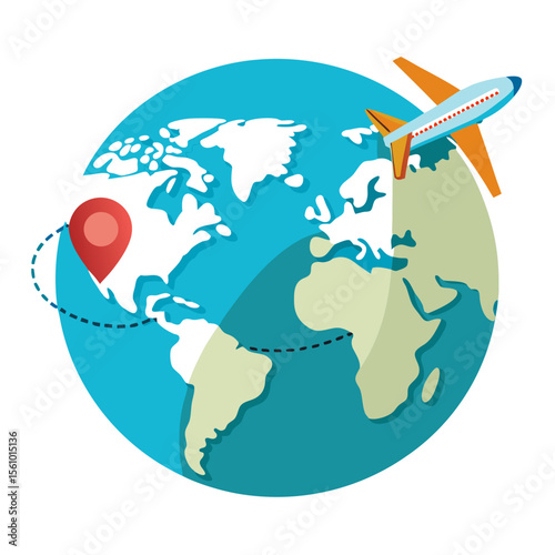 Airplane flies across world map with travel path and location pin globe journey