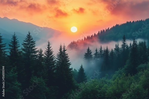 Tranquil Sunrise Over Misty Forest 