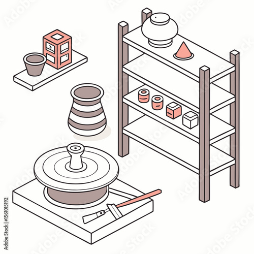 Pottery wheel shelf and tools for ceramic creation studio clay