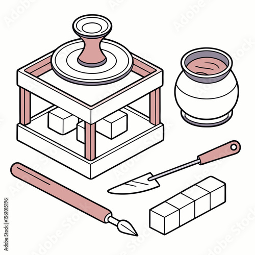 Pottery wheel clay pot sculpting tools and clay blocks artistic