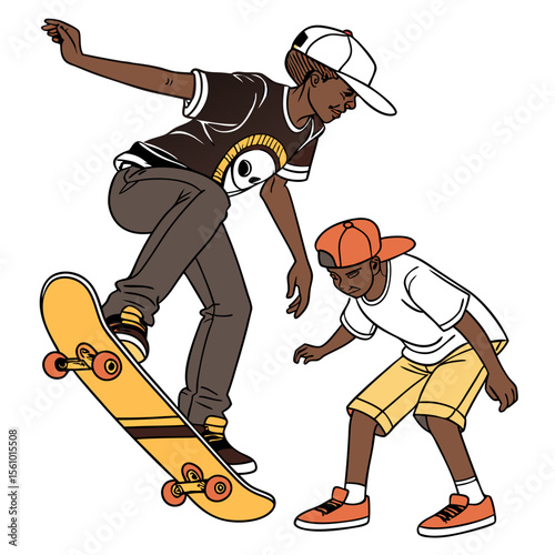 Young brothers skateboarding urban style action boys street