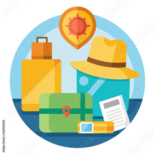 Yellow hat sunscreen map luggage travel essentials vacation suitcase