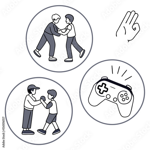 Boys playing video games and boxing hand slap gaming