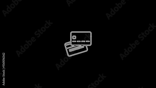 A minimalist white ATM card linear icon on a solid black background. The icon features clean white lines or a simple flat design, showing the shape of a bank card with chip, magnetic strip.