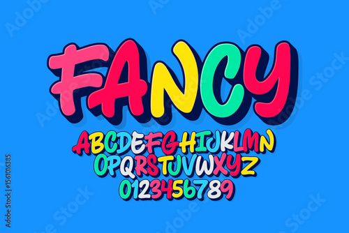 Vector of modern comical font and alphabet. Playful style font design, colorful childish alphabet, letters and numbers vector illustration