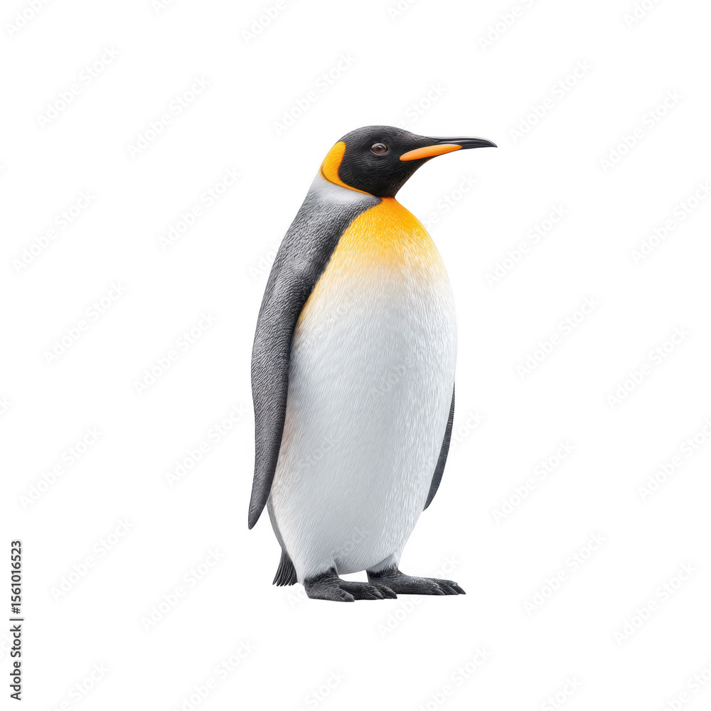 Fototapeta premium A realistic and detailed depiction of a solitary emperor penguin standing upright on a clean white background. showcasing its vibrant colors and distinct features. ideal for nature and wildlife themes