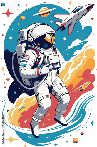 Astronaut floating in space with stars and planets colorful vector illustration