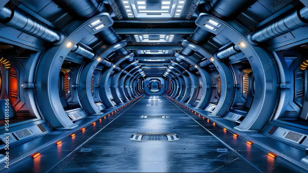 A stunning view down a futuristic spaceship corridor with glowing lights.