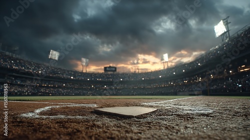 Low Angle View of Baseball Field at Dusk with Dramatic Sky.

