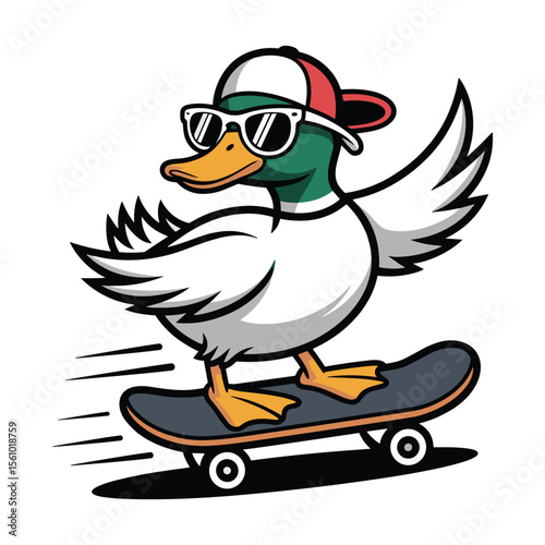 Cool Duck Skateboarding Fun Cartoon Illustration