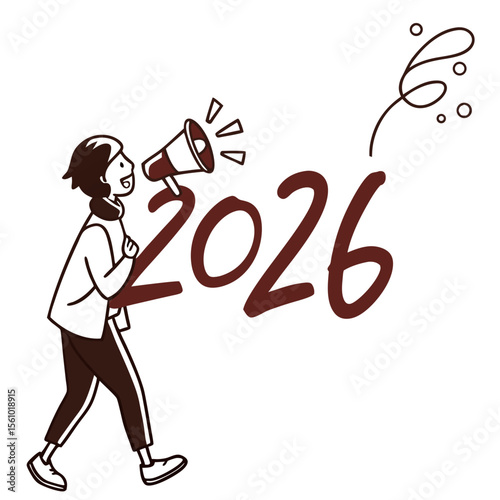 Person with megaphone announcing the year twenty six