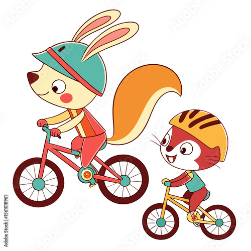 Cheerful animals cycling together pair bicycles