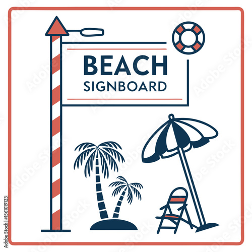 Beach signboard with palm trees and umbrella deck chair