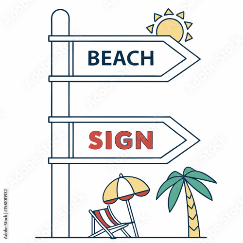 Beach signpost with sun chair and palm tree umbrella