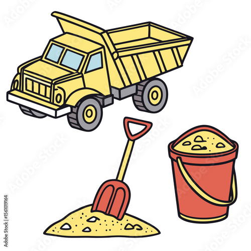 Yellow dump truck red bucket shovel sand beach toys