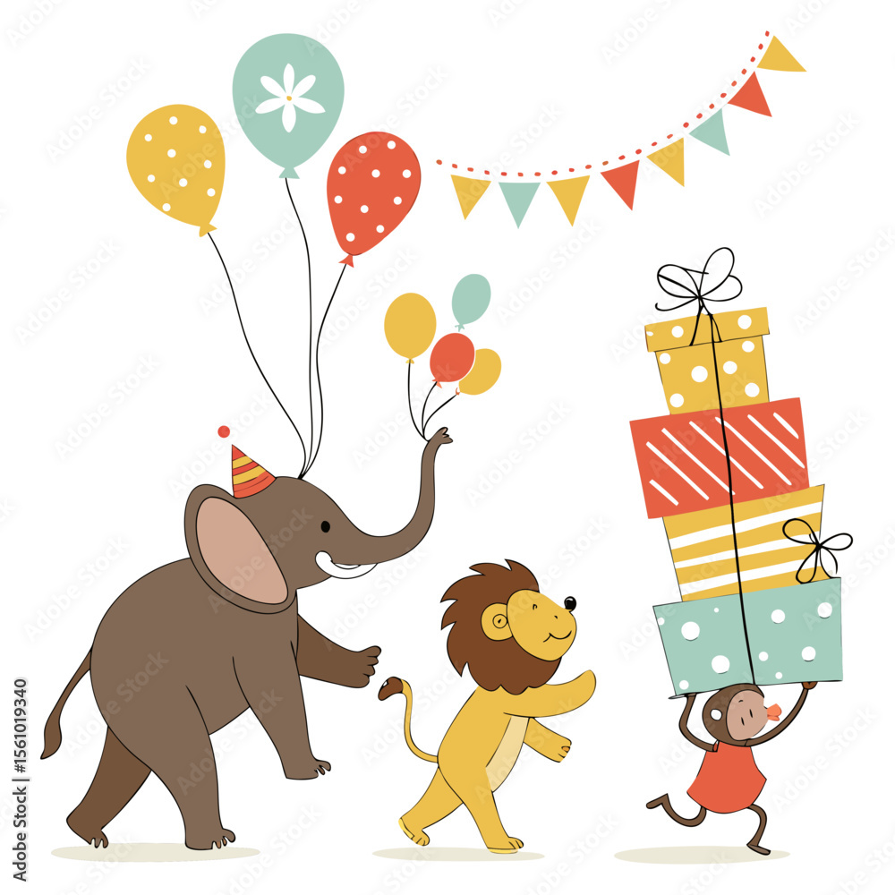 Obraz premium Elephant lion monkey birthday parade with balloons and gifts