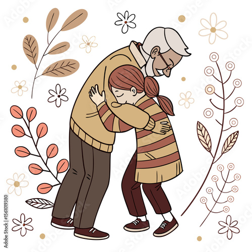 Grandfather and granddaughter hugging warmly surrounded by floral elements