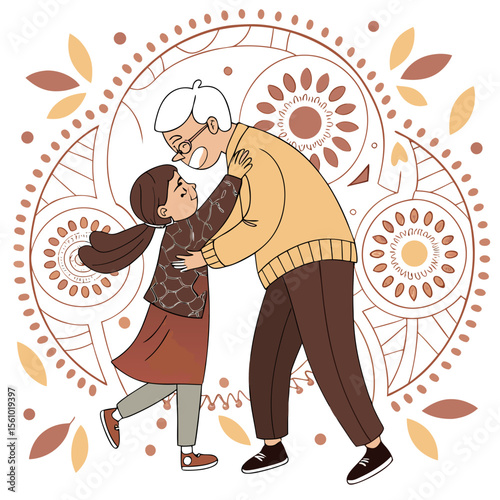Grandchild hugging grandparent with floral mandala