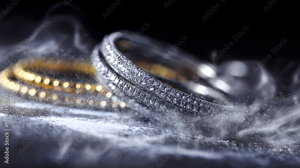 Fototapeta premium Elegant Adornments: Captivating image of a diamond bracelet and gold bracelet, evoking the epitome of sophistication and luxury. These pieces sparkle amidst a delicate, ethereal cloud.