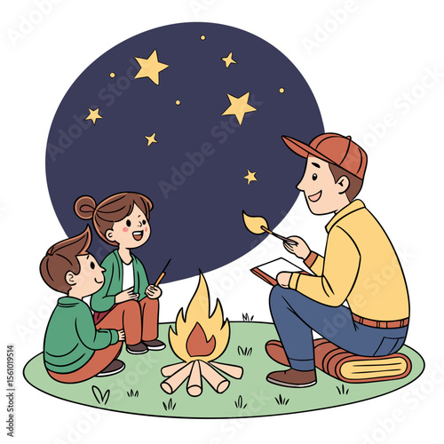 Father telling story to children by campfire under stars