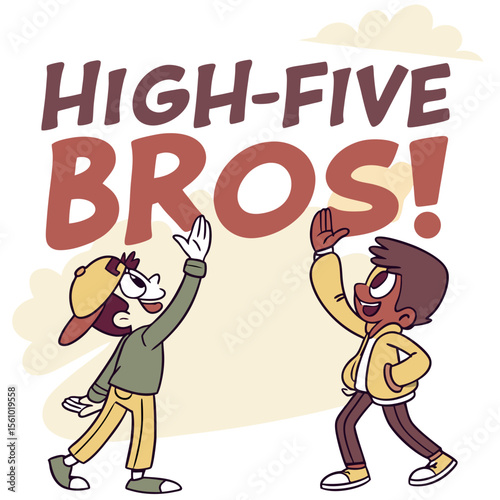 Cartoon brothers high fiving with bold fonts high five