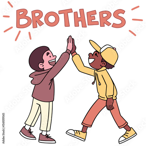Two boys high fiving with bold text brothers high five
