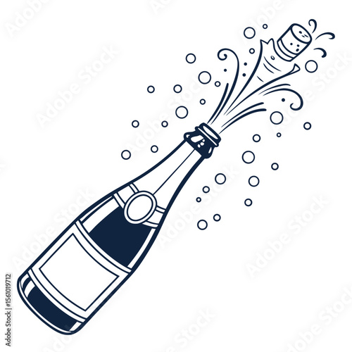 Dark blue champagne bottle cork popping with bubbles