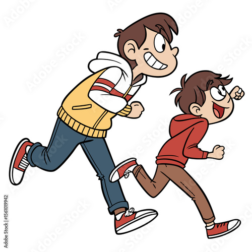 Boys running happily together chasing happy
