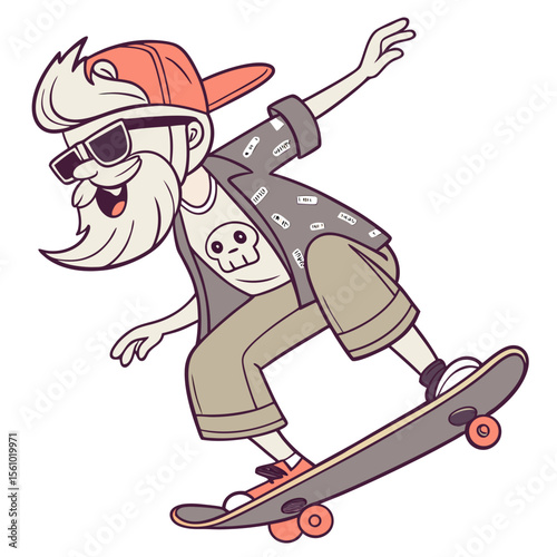 Cool grandpa skateboarding with skull shirt and bandages