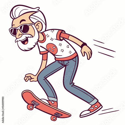 Cool grandpa skateboarding with sunglasses and stars