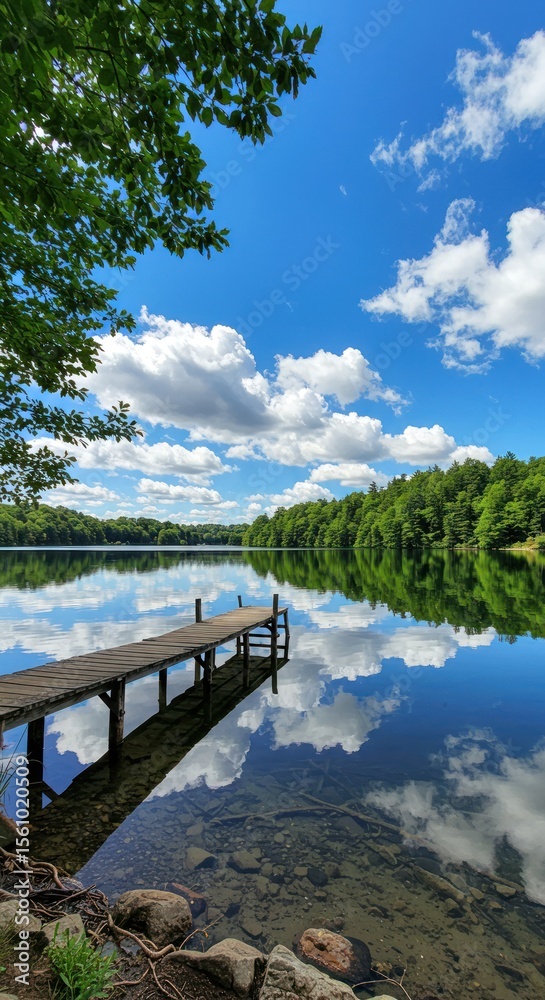 Fototapeta premium Scenic Lake with Wooden Dock Surrounded by Green Trees Under Blue Sky and Fluffy Clouds