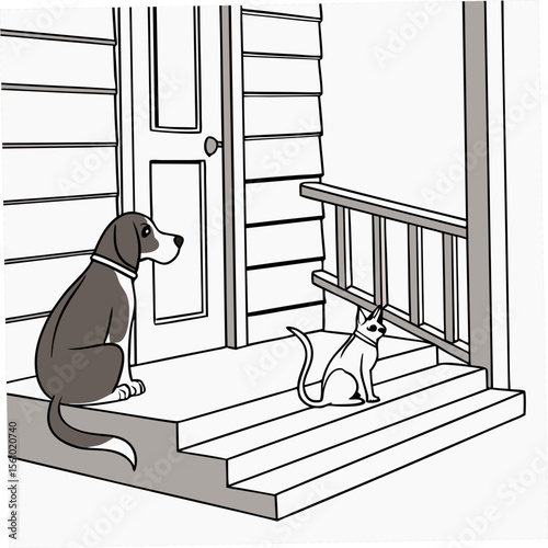 Dog and cat on porch steps animal domestic