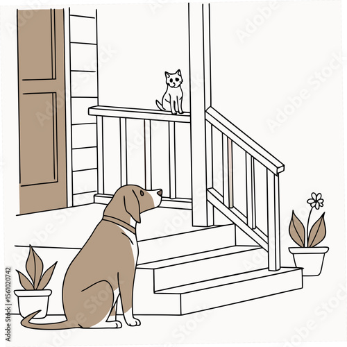 Dog and cat on porch steps railing