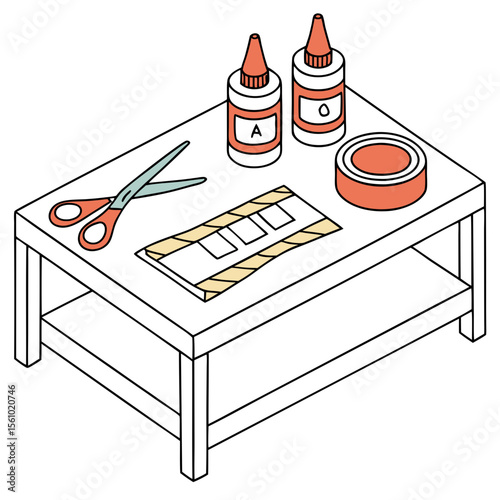 Crafting supplies on a table scissors glue bottles