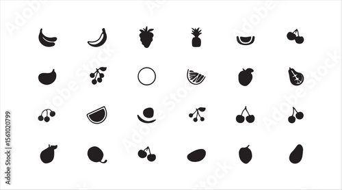 Food fruit glyph icon collection. Vector designs showcasing banana, strawberry, pineapple, watermelon, grapes, mango, blueberries, peach, cherry, lemon, avocado, pear, kiwi, and a black icon.