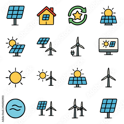 Colorful vector illustrations of green energy systems including solar photovoltaic panels, windmills, and alternative power sources