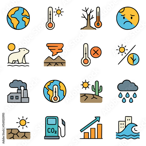 Environmental crisis vector icons showing rising temperatures, melting ice, factory pollution, and deforestation